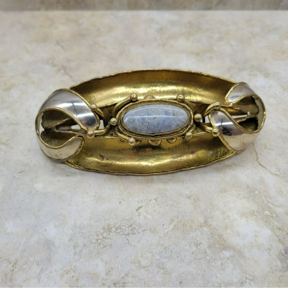 Signed Luciano Huge Belt Buckle Brutalist Brass Silver Modernist